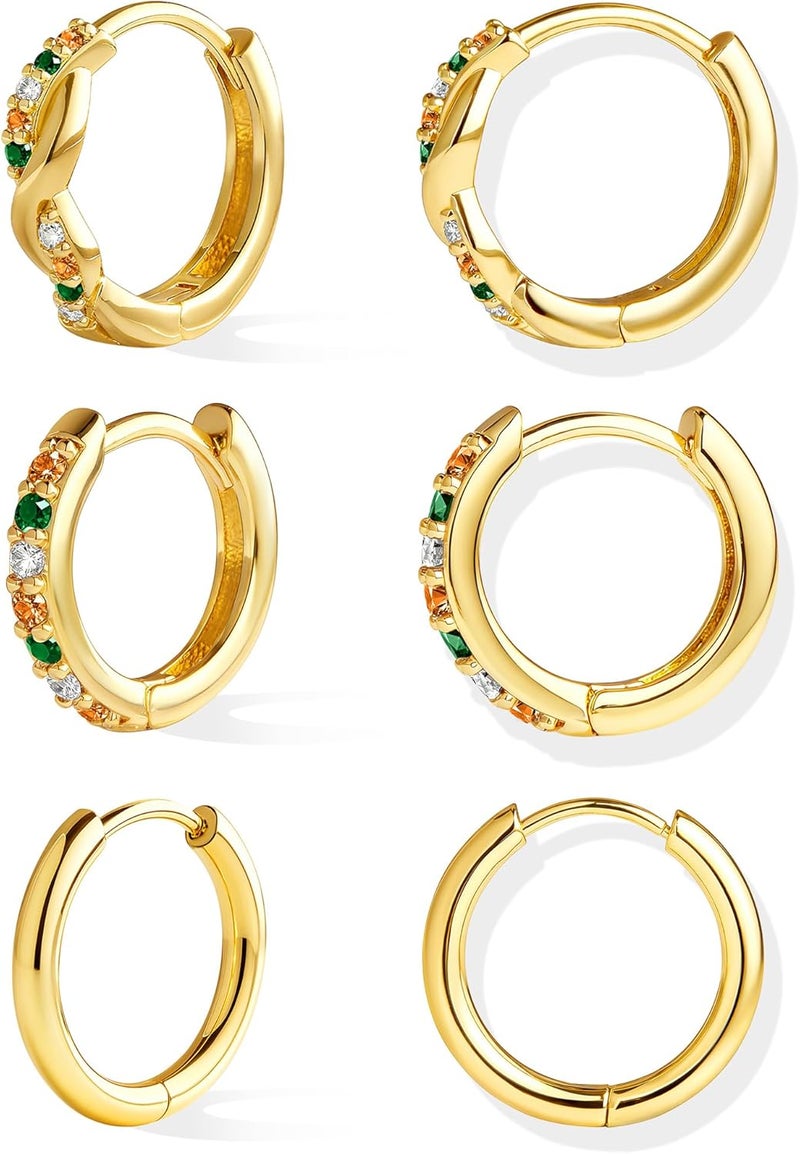 Inerney 14K Gold Plated Huggie Hoop Earrings for Women, Small Sterling Silver Earring Set Hypoallergenic Cartilage Helix Stacks, Mini Dainty Cute Trendy Birthstone Jewelry Gift for Multiple Piercings - Image 1